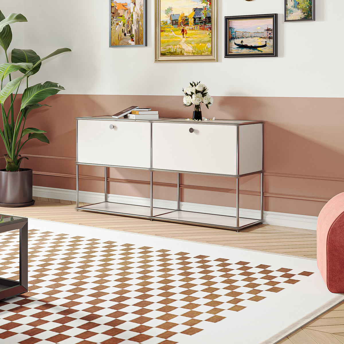 SAINCH white modular storage cabinet with enclosed upper storage and open lower shelving in a contemporary interior