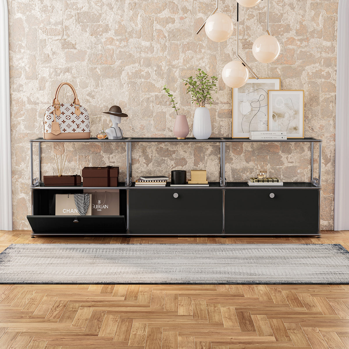 SAINCH black modular storage cabinet with open shelving and enclosed storage in a modern interior