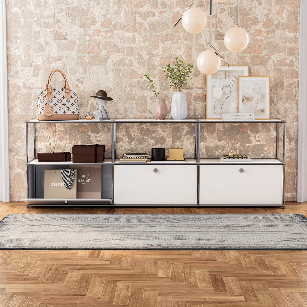 SAINCH white modular storage system with open shelves and enclosed cabinets in a modern living room