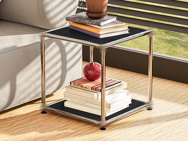 SAINCH black modular storage side table with open lower shelf beside a sofa