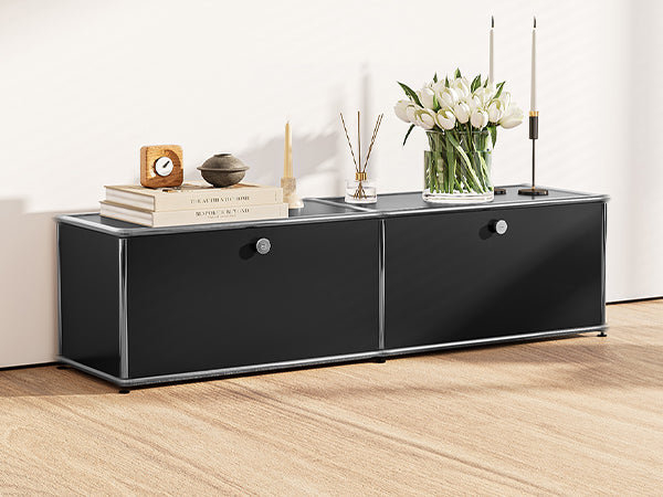 SAINCH black modular storage cabinet used as a low media and record storage console