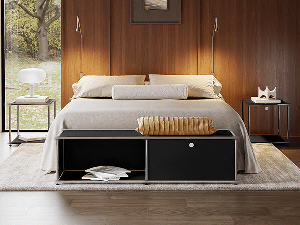 SAINCH black modular storage cabinets arranged as a coordinated multi-unit storage system