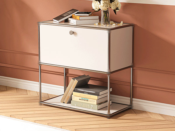SAINCH white modular storage cabinet used as a compact side cabinet with open lower shelving