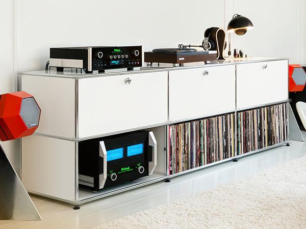 SAINCH white modular media storage cabinet with record collection and audio equipment