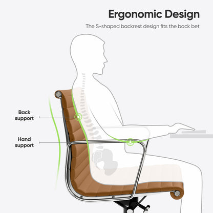 Armrests Ribbed Office Chair Light Brown Genuine Leather Office Chair