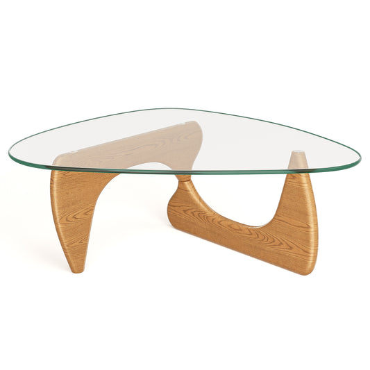 High-end Modern Triangle Glass Coffee Table With Solid Wood Base - Light Walnut