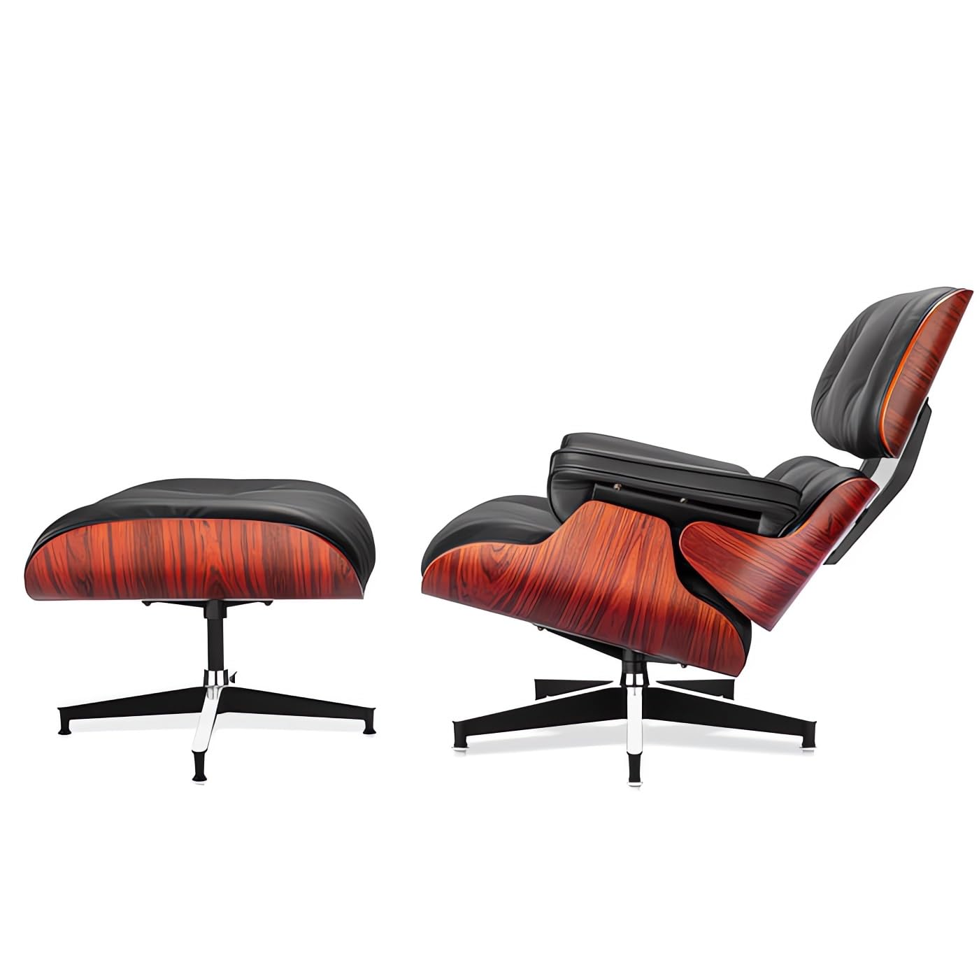 Mid-Century Black Genuine Leather Eames Lounge Chair & Ottoman—Red Palisander Wood