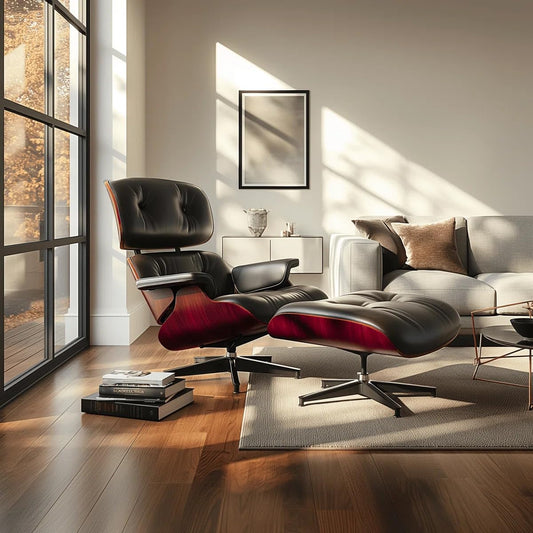 Mid-Century Black Genuine Leather Eames Lounge Chair & Ottoman—Red Palisander Wood
