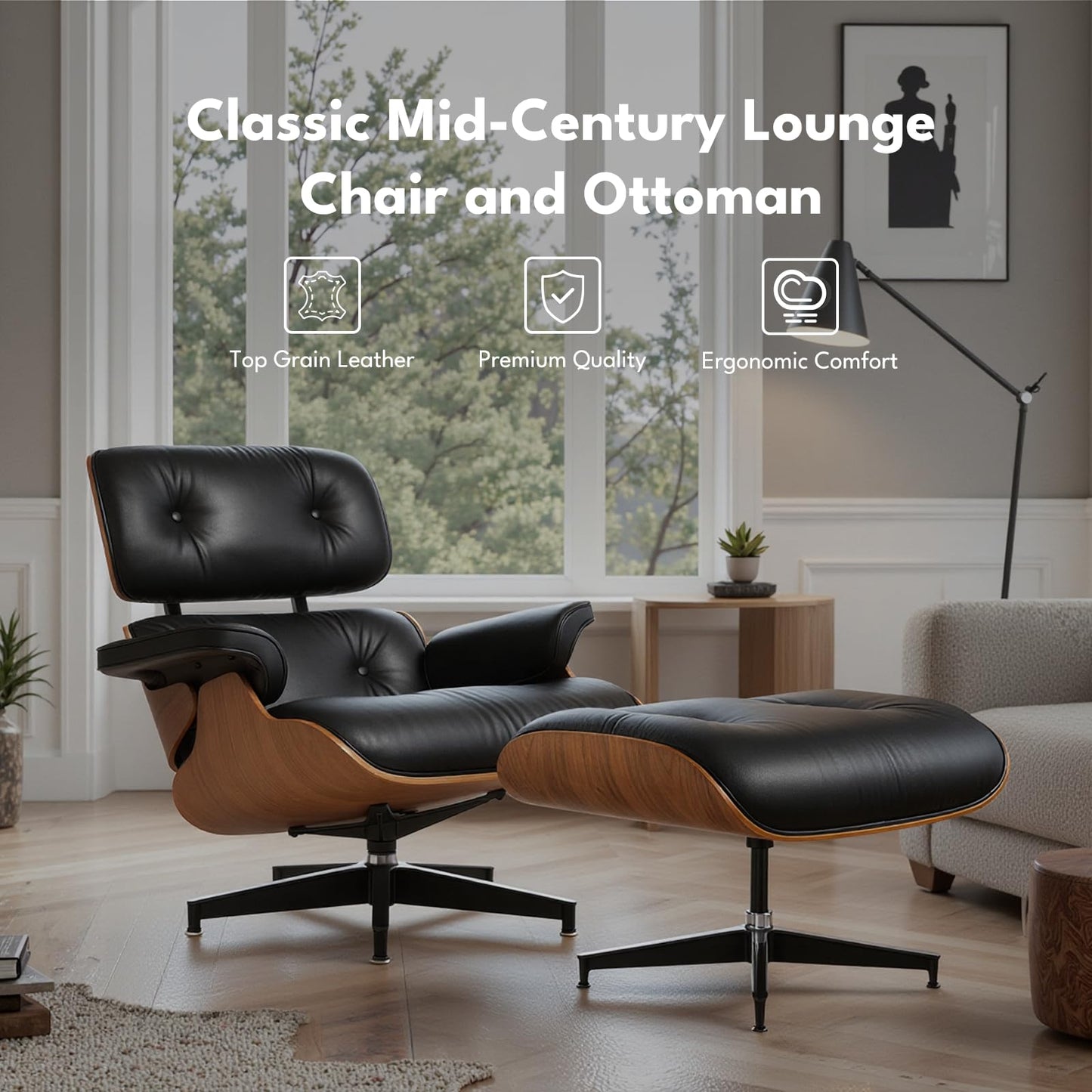Mid Century Genuine Leather Recliner Lounge Chair with Ottoman - Walnut Wood & Black