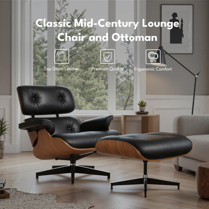 Mid Century Genuine Leather Recliner Lounge Chair with Ottoman - Walnut Wood & Black