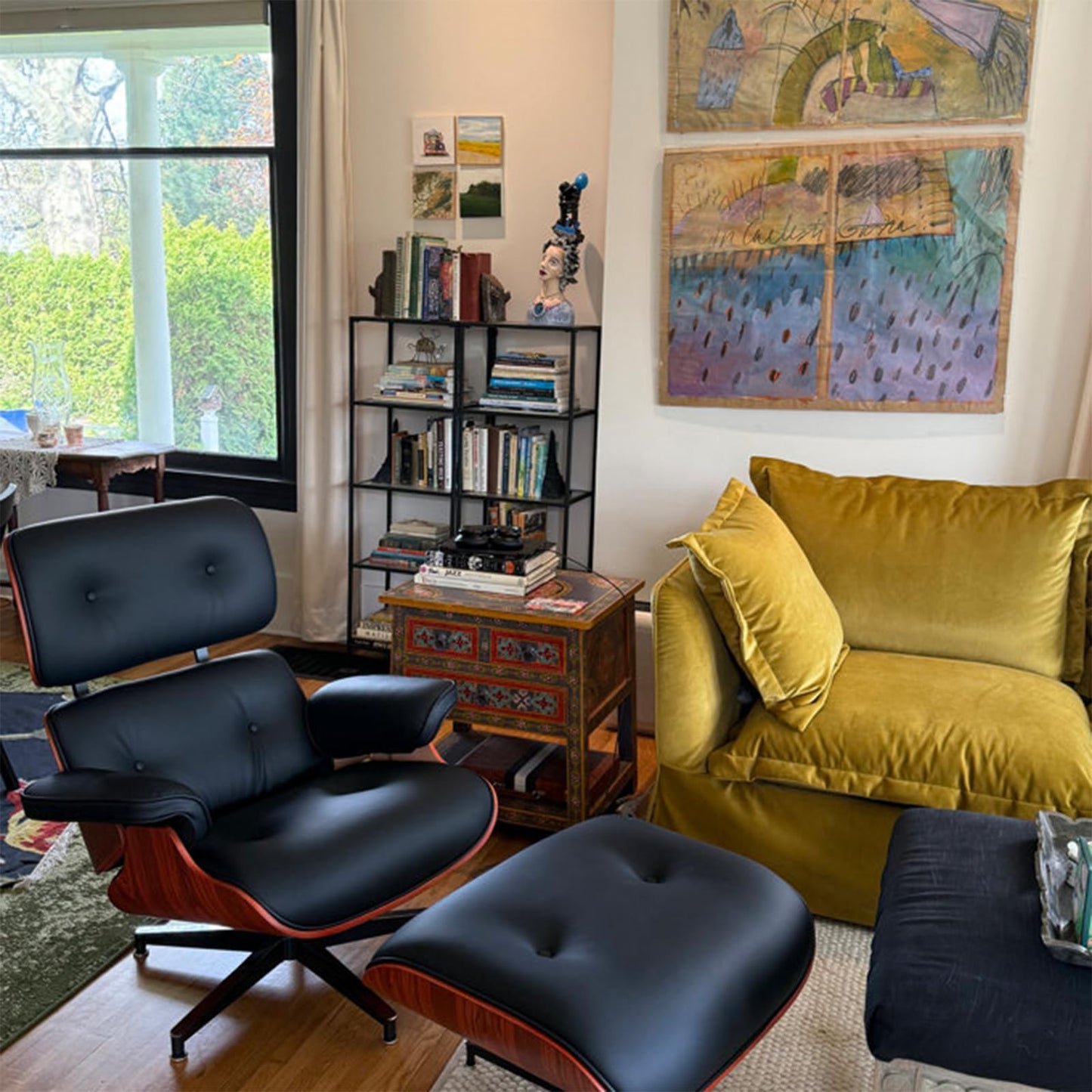 Mid-Century Black Genuine Leather Eames Lounge Chair & Ottoman—Red Palisander Wood