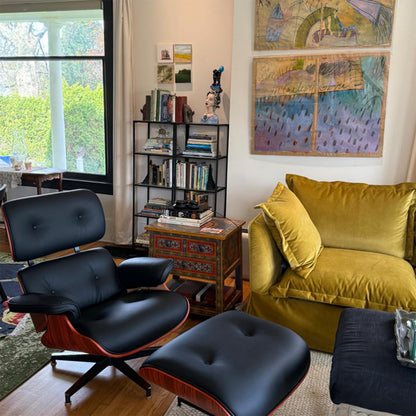 Mid-Century Black Genuine Leather Eames Lounge Chair & Ottoman—Red Palisander Wood
