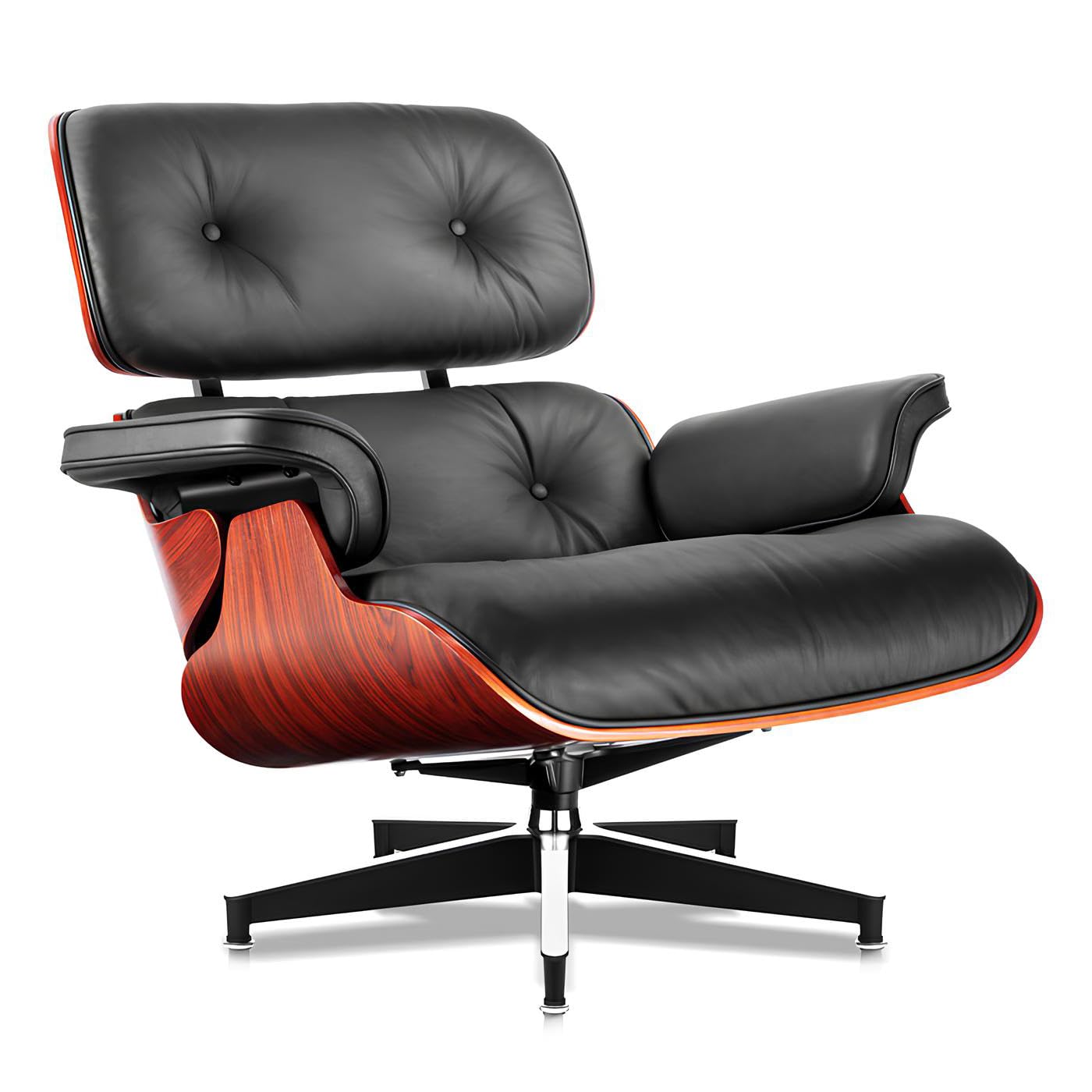 Mid-Century Black Genuine Leather Eames Lounge Chair & Ottoman—Red Palisander Wood