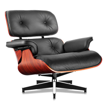 Mid-Century Black Genuine Leather Eames Lounge Chair & Ottoman—Red Palisander Wood