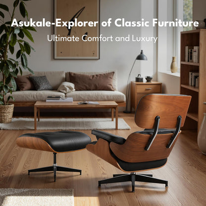 Mid Century Genuine Leather Recliner Lounge Chair with Ottoman - Walnut Wood & Black