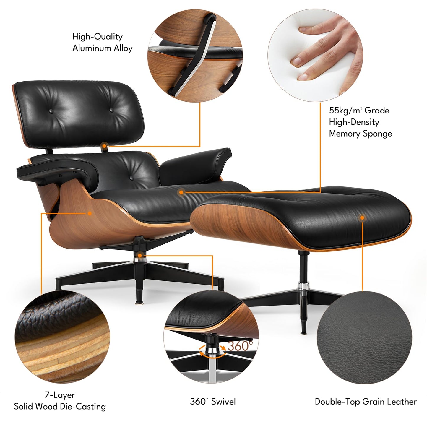 Mid Century Genuine Leather Recliner Lounge Chair with Ottoman - Walnut Wood & Black