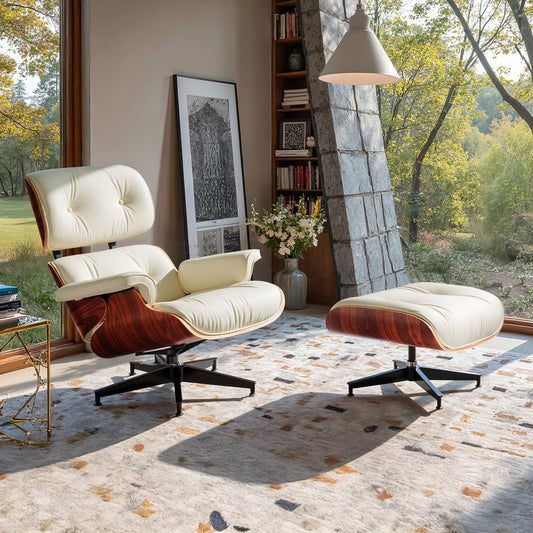 Mid Century Genuine Leather Recliner Lounge Chair with Ottoman - Palisander Wood & Beige