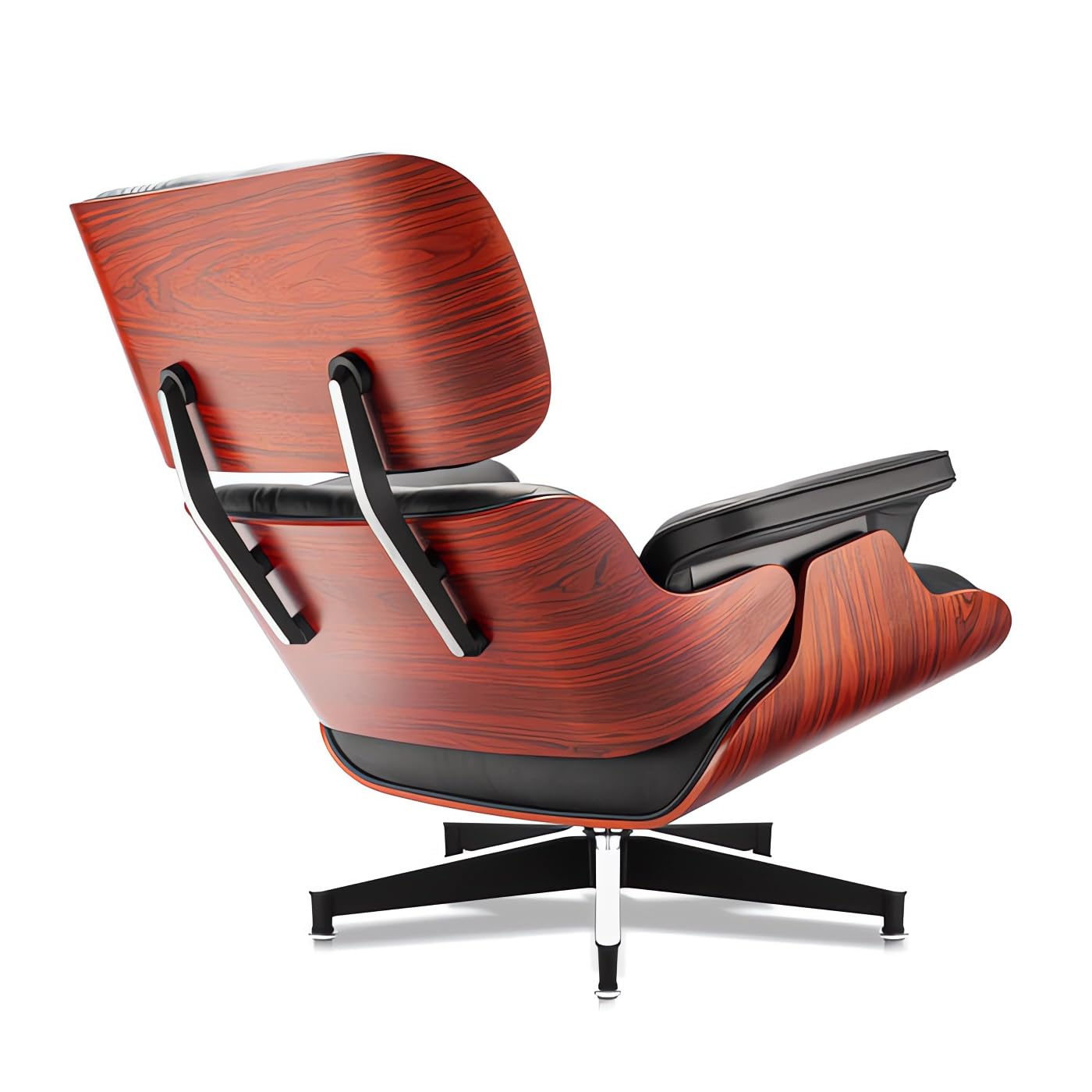 Mid-Century Black Genuine Leather Eames Lounge Chair & Ottoman—Red Palisander Wood