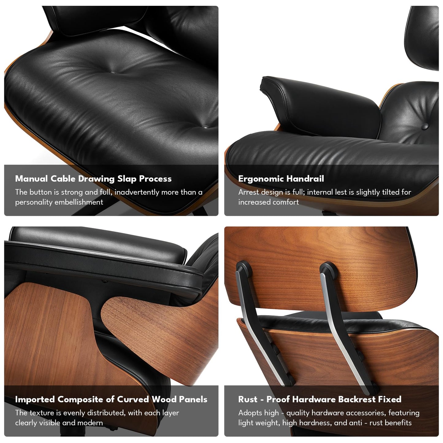 Mid Century Genuine Leather Recliner Lounge Chair with Ottoman - Walnut Wood & Black