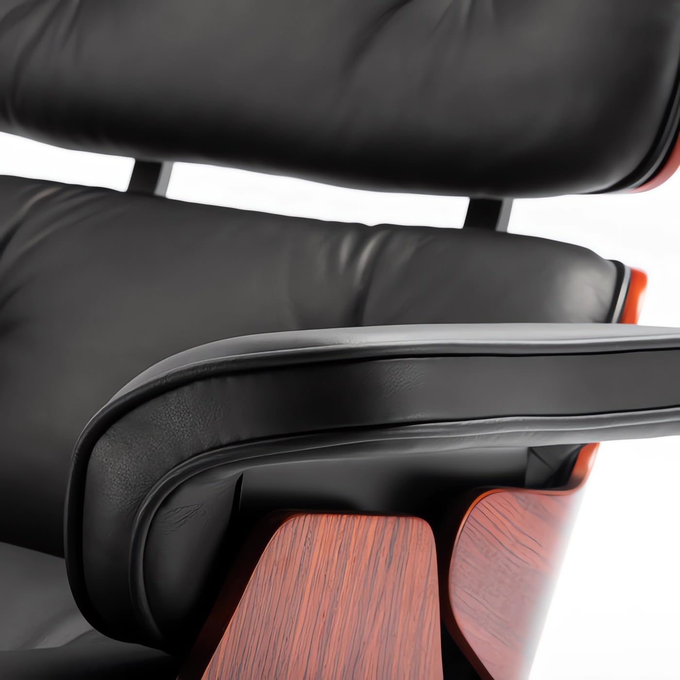 Mid-Century Black Genuine Leather Eames Lounge Chair & Ottoman—Red Palisander Wood