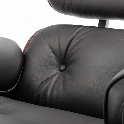Mid-Century Black Genuine Leather Eames Lounge Chair & Ottoman—Red Palisander Wood